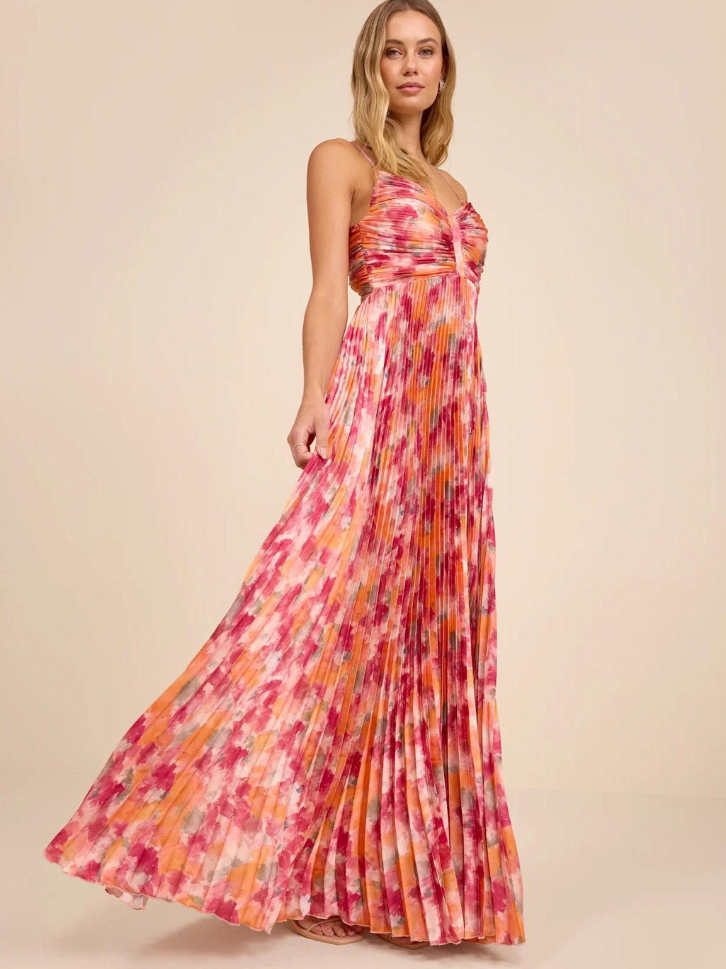 Lulu's Pink Orange Floral Pleated Maxi Dress
